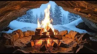 Cozy Cave Fireplace 🔥 Snowfall Outside | 1 Hour Fire Sounds for Sleep & Relax
