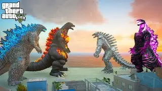 Godzilla and Burning Godzilla vs Mechagodzilla and Shin Godzilla - GTA 5 Mods