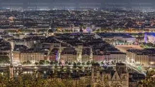 Panoramic aerial view of Lyon from Fourviere Hill at night. France