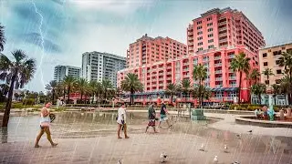 CLEARWATER BEACH FLORIDA. RAINY DAY. Virtual Walking Tour. Travel Video 4K