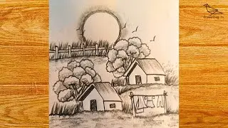 Drawing a sunny day by pencil. #howtodraw #sunnyday #drawingideas #village #birds #palmtree #sketch
