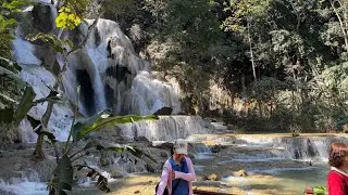 Beautiful waterfall in luangprabang this is where all the tourists go to in Laos 