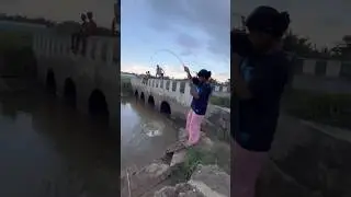 Village cute girl catch big monster fish in big canal water #bass #fish