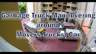Garbage Truck Maneuvering around Mover Trucks, Car!