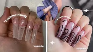 BEGINNER FRIENDLY POLYGEL NAIL SET | FALL INSPIRED | BROWN FRENCH TIP + SWIRL DESIGN 🍂🍁