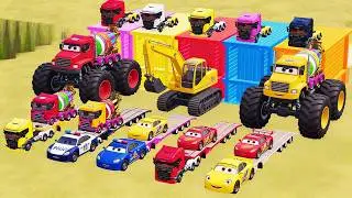 Flatbed Trailer McQueen Transportation with Truck   Speedbumps vs Cars vs Train FS22 KutaVersus #34
