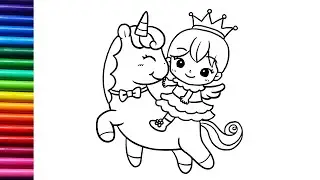 Drawing and coloring cute princess riding unicorn | Cute princess and unicorn