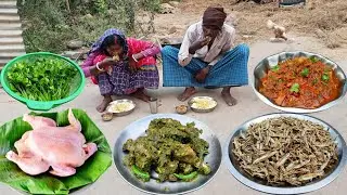 GREEN CHICKEN recipe and small DRY FISH recipe cooking and eating village family | coriander chicken