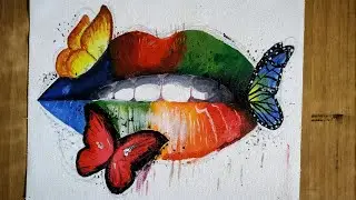 Beginners Drippy Rainbow Lips Acrylic Painting on Canvas || Rainbow Lips with Butterfly Painting...