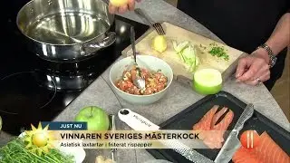 Catarina K&ouml;nig lagar asiatisk laxtartar i friterat rispapper. - Nyhetsmorgon (TV4)