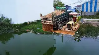 Perfectly new project!! Slow dozer pour soil complete removal mud delete flood land with dump truck