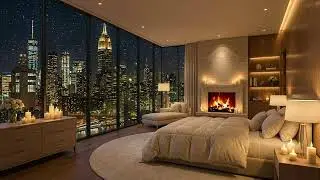 Cozy New York Apartment at Night in 4K | Soft Piano Music & Fireplace Ambience to Focus and Relax