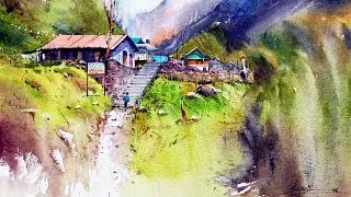 Watercolors Landscape Painting Demonstration/Tutorial, Watercolor mountain side scenery