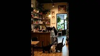 A photograph of a cat cafe interior with multiple cats in a cozy, warm setting #AIart