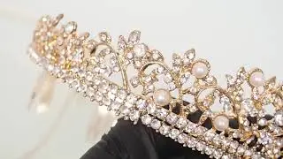Gold Golden Tiara Crown Acrylic Diamond Crystals Gems Pearl Princess Bride Bridesmaids Flower Girls