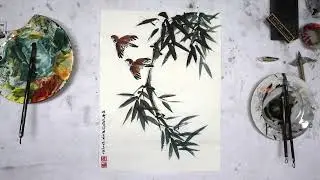 Bambus und Spatzen - Asiatische Tuschmalerei (Asian Ink Painting)