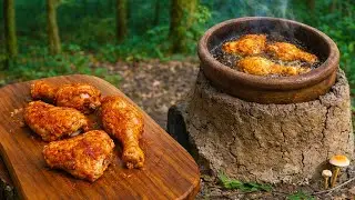 Campfire Roasted Chicken Leg with Fresh Salad | Outdoor ASMR Cooking