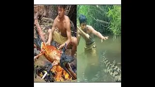 Amazing Man CatchingBig Crocodile in Forestcooking😋😍#SuperChef#survivalskills #primitivelifecooking