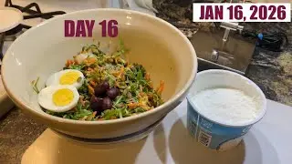 Breakfast 2026: Arugula Salad w/ avocado, quinoa, radish, pinto beans, olives, cottage cheese & egg.