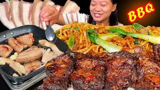 Eating Pork BBQ With Chicken Dan Dan Noodles & Spicy Pork Belly, Keema Noodle, Nepali Mukbang