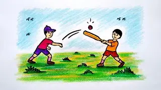 Boys Playing Cricket Drawing Easy | How To Draw Kids Playing Cricket | Cricket Drawing