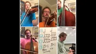 D Major Scale Warm-up, 2 octaves, with bowing patterns. Ray Ostwald, violin, viola, cello, bass.
