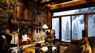 Cozy Living Room Ambience Wind Sounds, Fireplace and Heavy Snowstorm for Relax