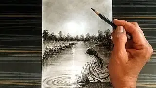 A pencil drawing of a landscape scenery featuring a girl sitting by the river at sunset.