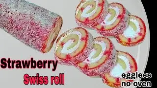Strawberry Swiss roll/Eggless Swiss Roll/Swiss Roll Cake/Swiss Roll no egg no oven/Swiss roll on pan