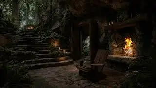 Storm Rain Inside a Deep Forest Cave at Night | Heavy Rainfall, Rolling Thunder & Firelight
