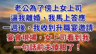 老公為了傍上女上司，逼我離婚，我馬上答應。一週後，我收到舊升職宴邀請。宴會現場，女上司看到我，一句話前夫傻眼了！ ##阿木講故事#為人處世#生活經驗#情感故事#養老#睡前故事