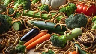 Mealworms eating broccoli, green pumpkin, eggplant, tomato  and celery  - Thousands of worms