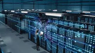 Animated Concept: Big Data Center Female Chief Technology Officer Using Laptop Standing In Warehous