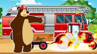 Farm Works: Bear Farmer Rescue a Burning Car Using a Fire Truck, Crane Truck| Vehicles Farm Animated
