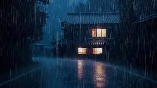 Peaceful Morning Rain Ambience on a Quiet Village Road Near a Warm House for Calm Focus