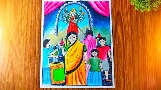 Easy Durga Puja Scenery Competition Drawing | Step by Step Festival Drawing with Colour 🎨🪔