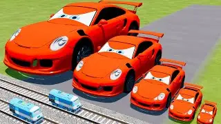Big & Small Porsche Car Lightning McQueen VS Trains Thomas | BeamNG.drive