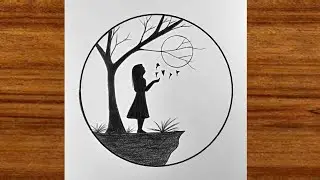 How to draw girl with butterfly drawing | Easy circle scenery drawing | Easy drawing for beginners