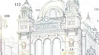 Coloring game by numbers Museum building with classic architecture, dome, palm trees and retro cars.