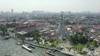 Buddhist Temple in Bangkok. Drone shot of the Wat Arun Temple Chao Phraya River in Bangkok, Thailand