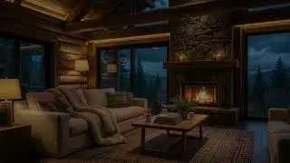 Heavy Rain Outside & Warm Fireplace Inside | Cozy Cabin ASMR
