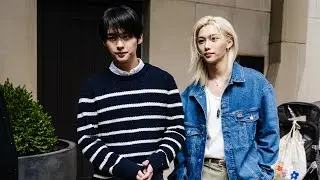 Lee Know and Felix from the stray kids on there way to Tommy Hilfiger fashion