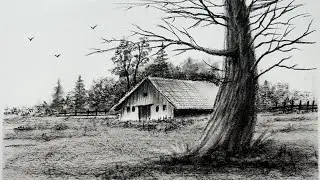 Old Village Hut & Tree 🌳 | Realistic Charcoal Landscape Drawing | Step by Step