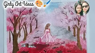 Painting A Girl In Pink Forest Using Acrylic Colour/Cherry Blossom Anime