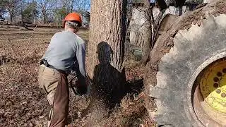 pushing trees off a power line with a deere skidder