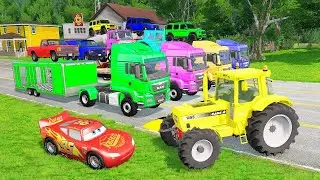 TRANSPORTING PIXAR CARS & FRUITS WITH COLORED & JOHN DEERE vs CLAAS vs TRACTORS - BeamNG.drive #962