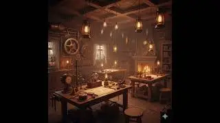 Steampunk Workshop Study Cabin &ndash; Brass Tools, Lantern Warmth & Mechanical Ambience