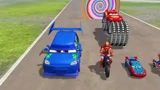 Big & Small Lightning McQueen with Saw Wheels vs Big & Small McQueen Tank vs Train | BeamNG.Drive