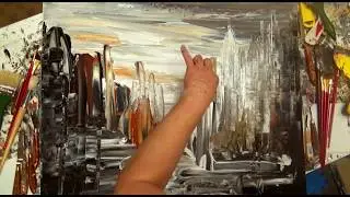 City painting demo how to paint a harbor by palette knife expert artist Tatiana iliina