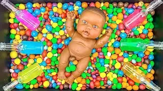 Steep Mixing Candy Skittles in Mega Box with Glossy Slime Bottle & Grid Balls Satisfying ASMR Video
